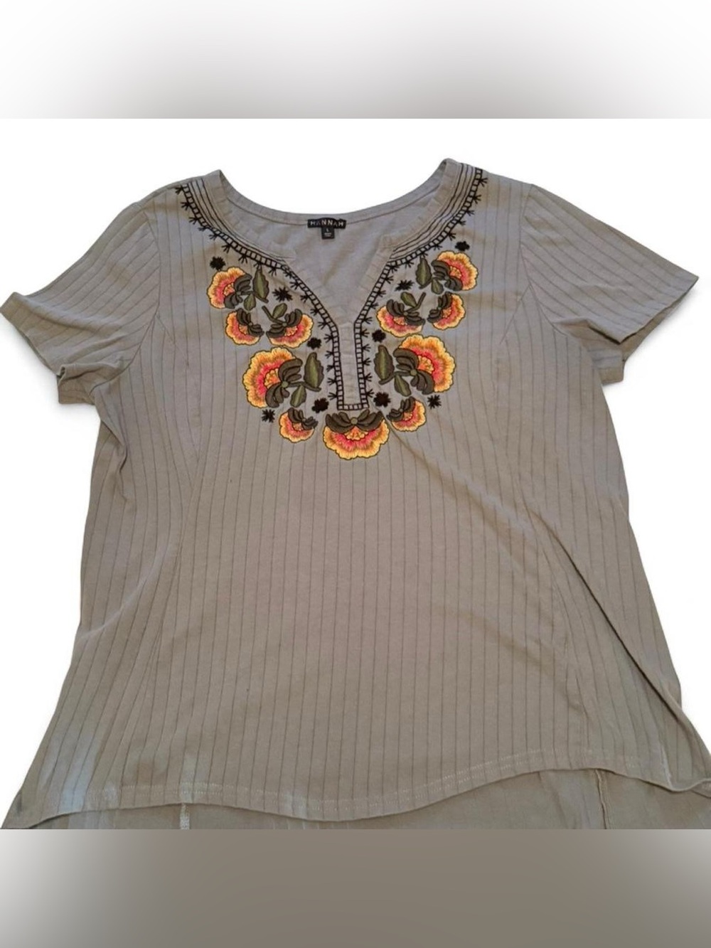 Ladies' Embroidered Short-Sleeve Top - Blue/Gray with Yellow Floral Accent